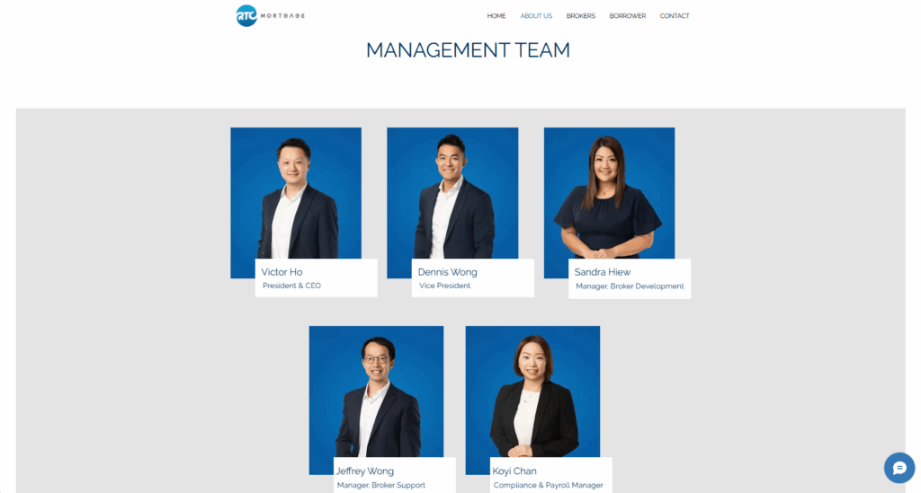 RTC Mortgage management team website page featuring consistent, professional corporate headshots by Headshotphoto.ca.
