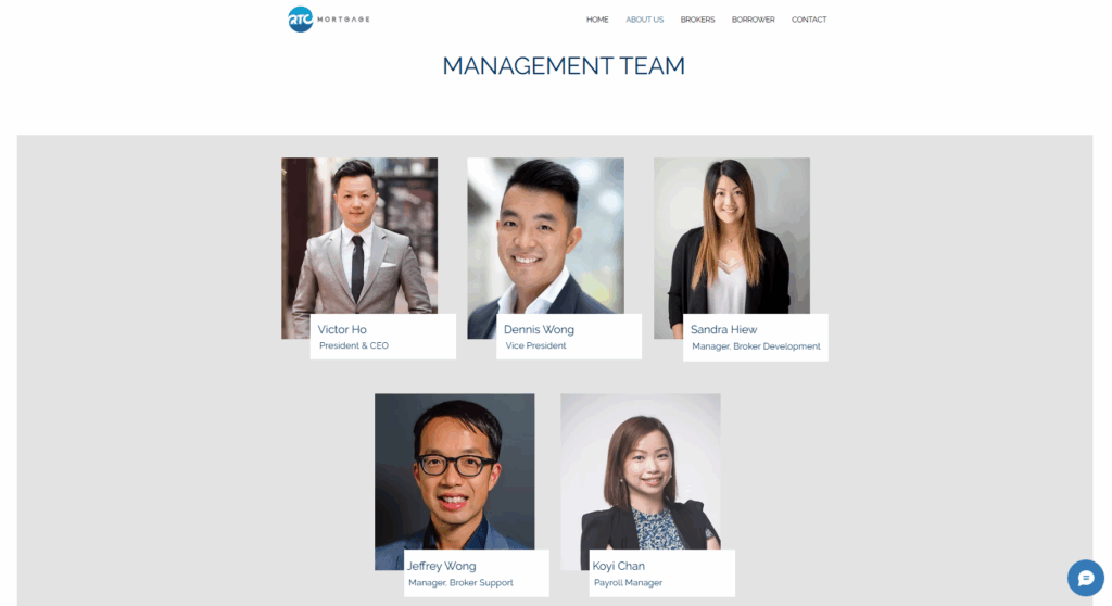 RTC Mortgage management team website page featuring random styled mismatched headshots.