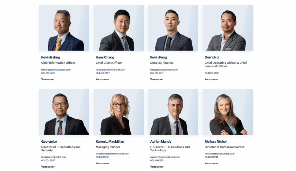 Lawson Lundell team directory page showing their lawfirm members