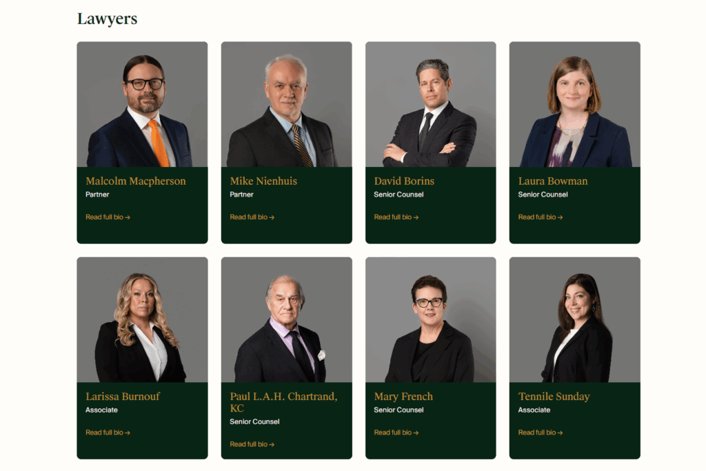 Macpherson Law LLP lawyers directory webpage featuring consistent corporate headshots by Headshotphoto.ca