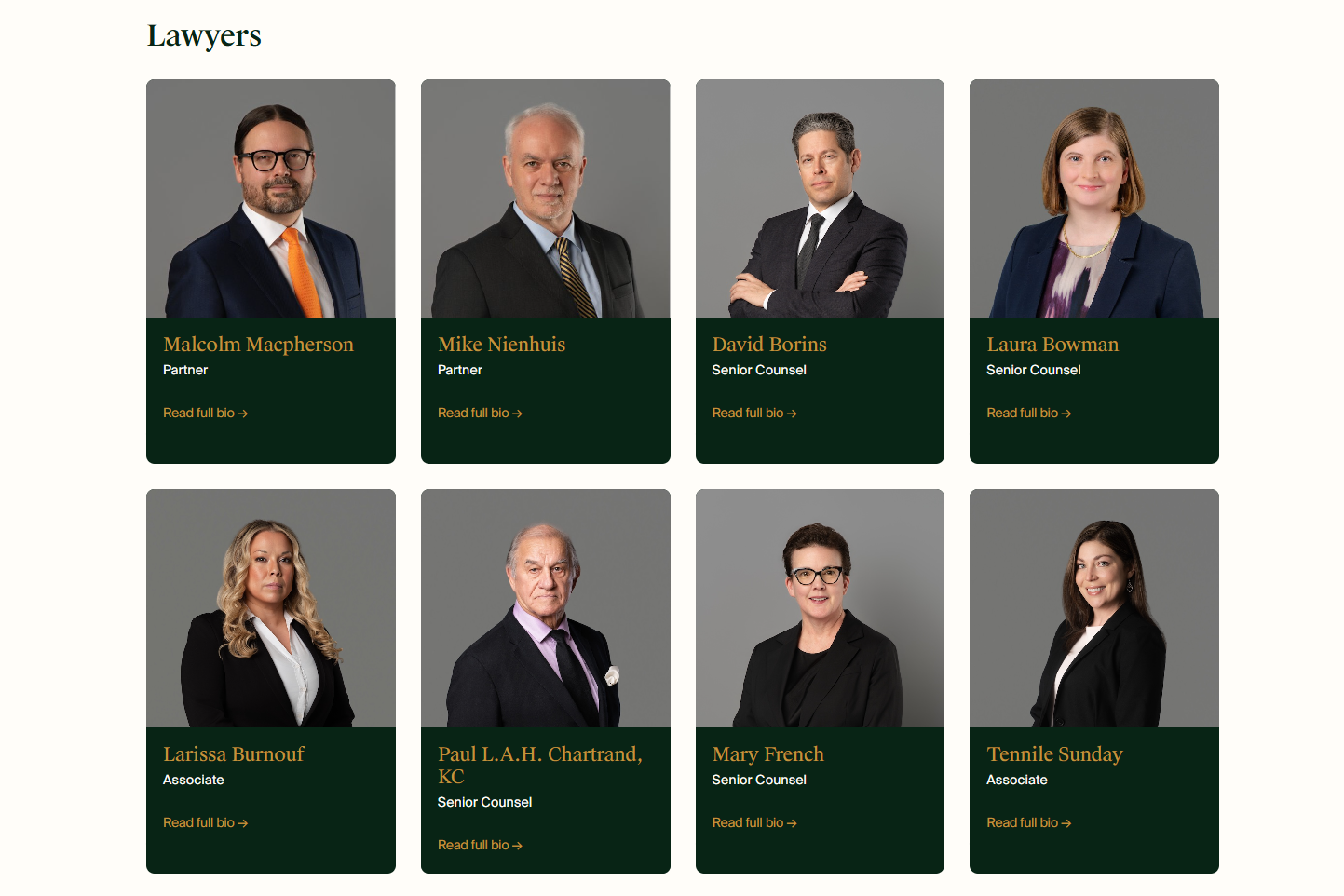 Macpherson Law LLP lawyers directory webpage featuring consistent corporate headshots by Headshotphoto.ca