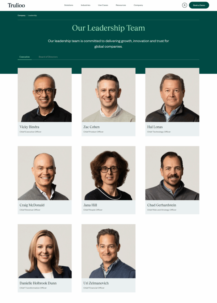 Trulioo's leadership page showing all the professional headshots of their leadership team and executives.